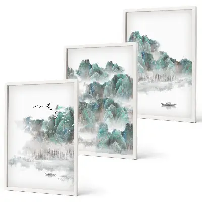 Set tablouri decorative cu peisaj japonez cu munți, nori, păsări și barcă