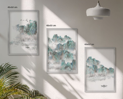 Set tablouri decorative Munți, nori, păsări, barcă, japonezi