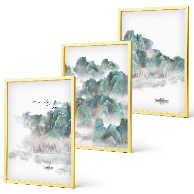 Set tablouri decorative Munți, nori, păsări, barcă, japonezi