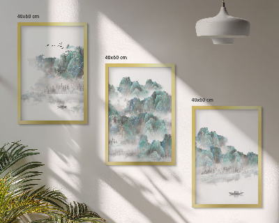 Set tablouri decorative Munți, nori, păsări, barcă, japonezi