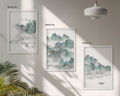 Set tablouri decorative Munți, nori, păsări, barcă, japonezi