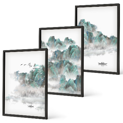 Set tablouri decorative Munți, nori, păsări, barcă, japonezi
