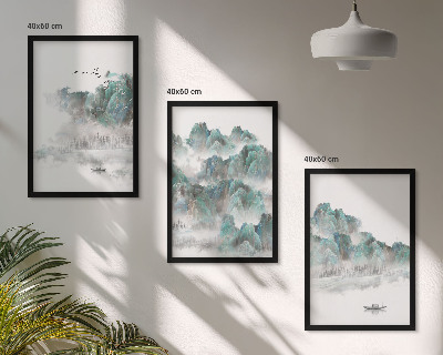 Set tablouri decorative Munți, nori, păsări, barcă, japonezi
