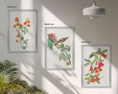 Set de tablouri decorative cu flori pictate și o pasăre