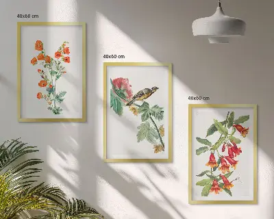 Set de tablouri decorative cu flori pictate și o pasăre