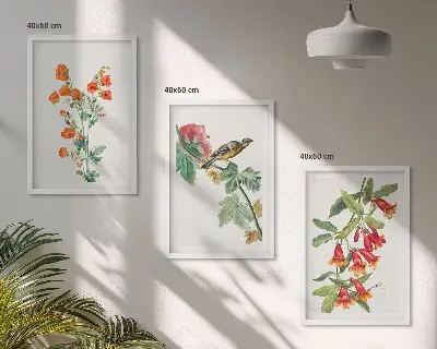 Set de tablouri decorative cu flori pictate și o pasăre