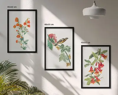 Set de tablouri decorative cu flori pictate și o pasăre