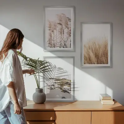 Set tablouri decorative cu câmpuri de iarbă de pampas și plajă boho