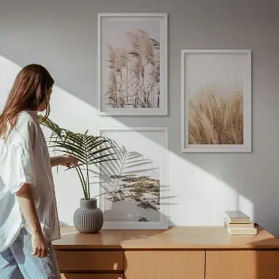 Set tablouri decorative cu câmpuri de iarbă de pampas și plajă boho