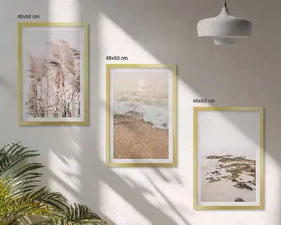Set de tablouri pentru dormitor cu model boho reprezentând iarbă de plajă, valuri și pietre