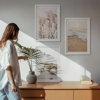 Set de tablouri pentru dormitor cu model boho reprezentând iarbă de plajă, valuri și pietre