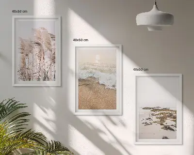 Set de tablouri pentru dormitor cu model boho reprezentând iarbă de plajă, valuri și pietre
