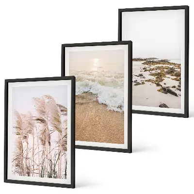 Set de tablouri pentru dormitor cu model boho reprezentând iarbă de plajă, valuri și pietre