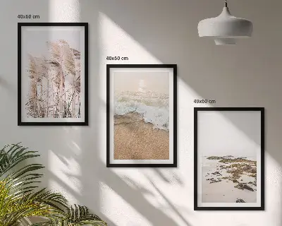 Set de tablouri pentru dormitor cu model boho reprezentând iarbă de plajă, valuri și pietre