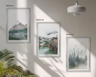 Set tablouri pentru dormitor cu peisaj de munți, lac, cabană și ceață