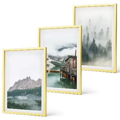 Set tablouri pentru dormitor cu peisaj de munți, lac, cabană și ceață