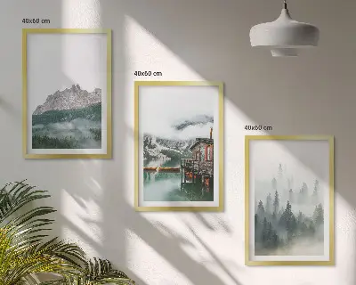 Set tablouri pentru dormitor cu peisaj de munți, lac, cabană și ceață