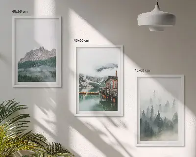 Set tablouri pentru dormitor cu peisaj de munți, lac, cabană și ceață