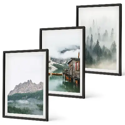 Set tablouri pentru dormitor cu peisaj de munți, lac, cabană și ceață