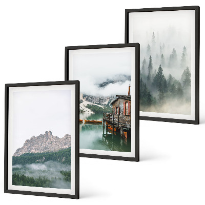 Set tablouri pentru dormitor Munți, lac, cabană, ceață