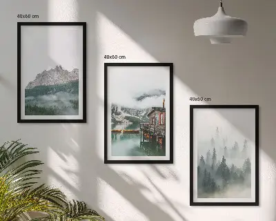 Set tablouri pentru dormitor cu peisaj de munți, lac, cabană și ceață