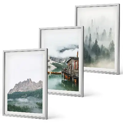 Set tablouri pentru dormitor cu peisaj de munți, lac, cabană și ceață