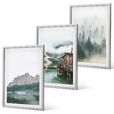 Set tablouri pentru dormitor Munți, lac, cabană, ceață