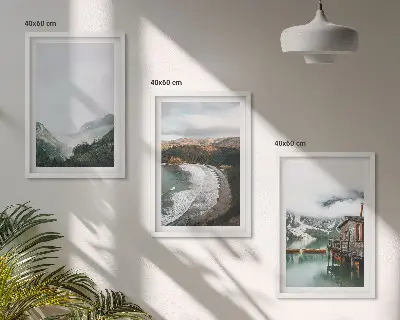 Set de tablouri pentru dormitor cu peisaj de munți, plajă, nori și apă