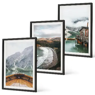 Set de tablouri pentru dormitor cu peisaj montan cu lac, barcă și plajă