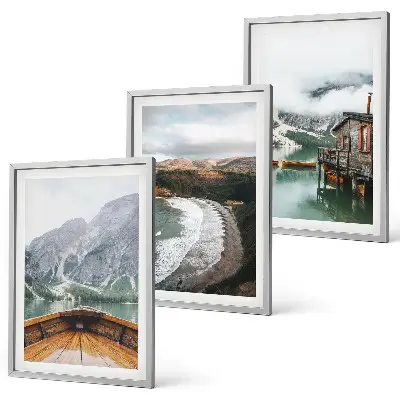 Set de tablouri pentru dormitor cu peisaj montan cu lac, barcă și plajă