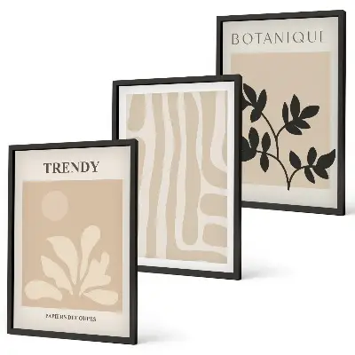 Set de tablouri pentru dormitor cu modele elegante de plante în nuanțe de bej și negru