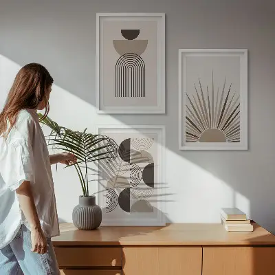Set tablouri decorative cu forme abstracte în nuanțe de bej și maro