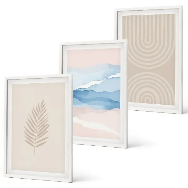 Set tablouri decorative cu model frunze valuri bej și albastru