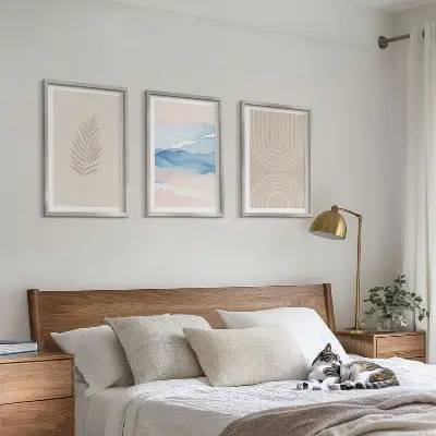 Set tablouri decorative cu model frunze valuri bej și albastru