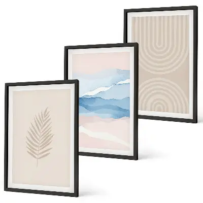 Set tablouri decorative cu model frunze valuri bej și albastru