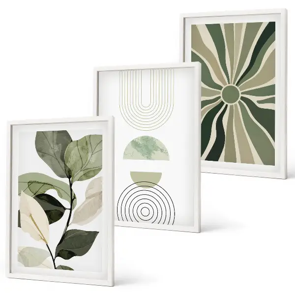 Set de tablouri decorative cu motive vegetale și geometrice pe fundal de verdeață