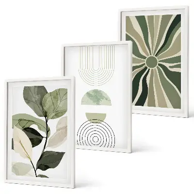 Set de tablouri decorative cu motive vegetale și geometrice pe fundal de verdeață