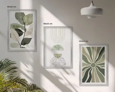 Set de tablouri decorative cu motive vegetale și geometrice pe fundal de verdeață