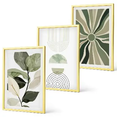 Set de tablouri decorative cu motive vegetale și geometrice pe fundal de verdeață