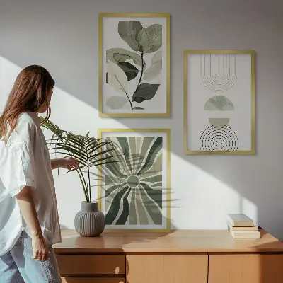 Set de tablouri decorative cu motive vegetale și geometrice pe fundal de verdeață