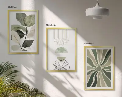 Set de tablouri decorative cu motive vegetale și geometrice pe fundal de verdeață
