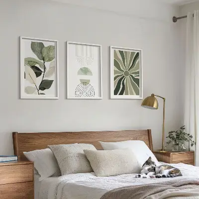 Set de tablouri decorative cu motive vegetale și geometrice pe fundal de verdeață
