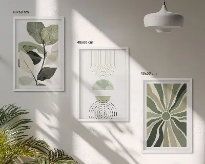 Set de tablouri decorative cu motive vegetale și geometrice pe fundal de verdeață