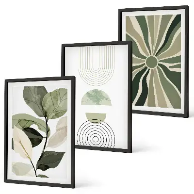 Set de tablouri decorative cu motive vegetale și geometrice pe fundal de verdeață