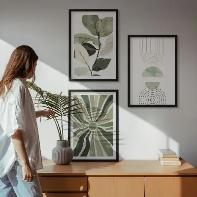 Set de tablouri decorative cu motive vegetale și geometrice pe fundal de verdeață