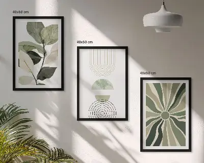 Set de tablouri decorative cu motive vegetale și geometrice pe fundal de verdeață