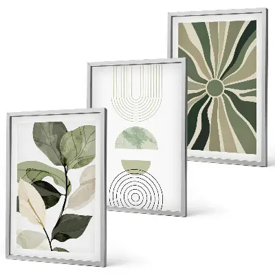 Set de tablouri decorative cu motive vegetale și geometrice pe fundal de verdeață