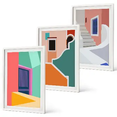 Set de tablouri pentru dormitor cu ilustrații colorate ale unor clădiri