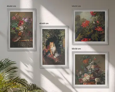 Set de tablouri gata de agățat cu flori vintage, pisici și plante