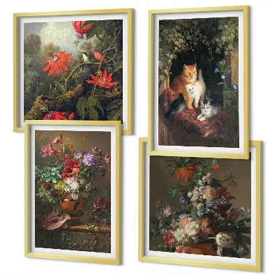 Set de tablouri gata de agățat cu flori vintage, pisici și plante